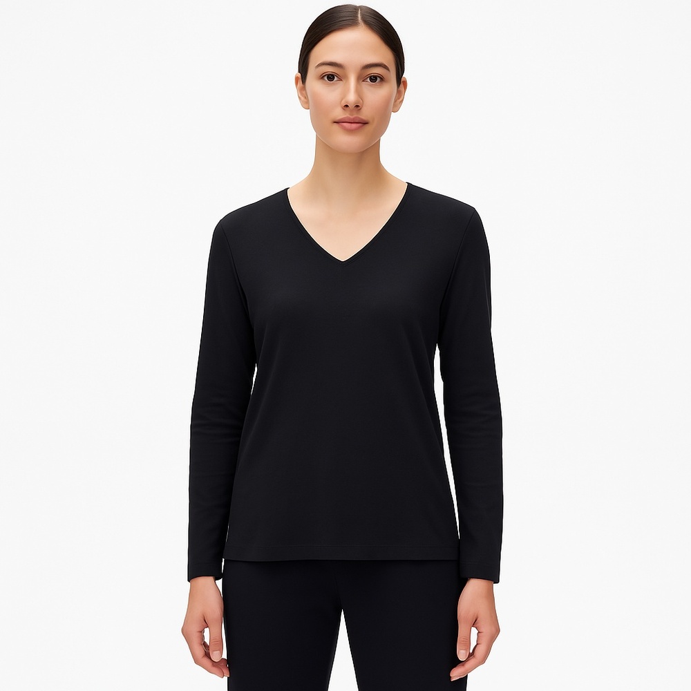 Eileen Fisher Top Womens Extra Small Black‎ Long-Sleeve V-neck Shirt Minimalist